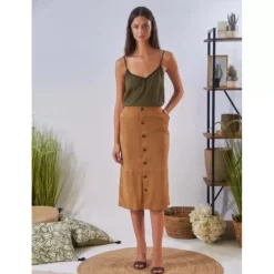 OAKWOOD Jupes Et Shorts^Aliana Tan - Jupe Midi A Boutons En Cuir Veritable De Chevre Velours