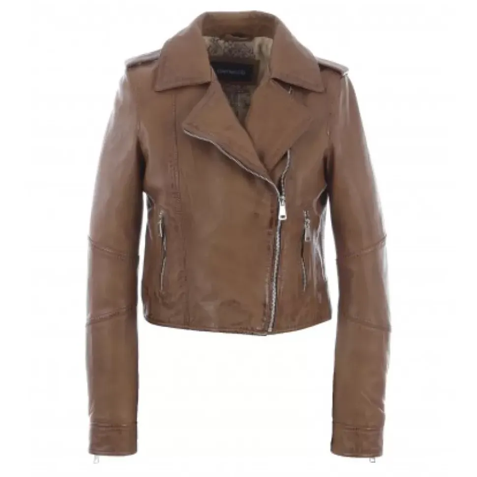 OAKWOOD Blousons^Alizee Cognac - Blouson Asymetrique Court En Cuir Veritable Effet Lave