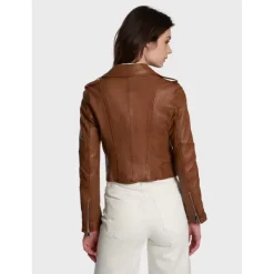 OAKWOOD Blousons^Alizee Cognac - Blouson Asymetrique Court En Cuir Veritable Effet Lave