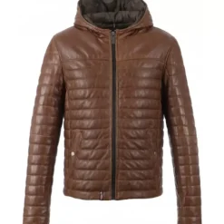 OAKWOOD Doudounes^Aurelien Cognac - Doudoune En Cuir Veritable Bicolore A Capuche