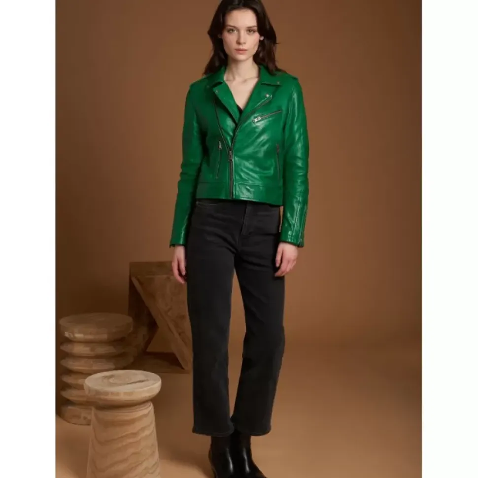 OAKWOOD Blousons^Boogie Vert - Blouson Epure A Fermeture Asymetrique En Cuir Veritable