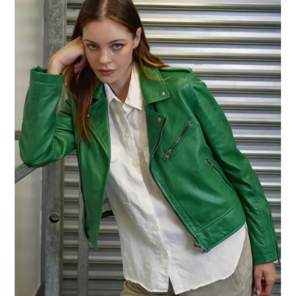 OAKWOOD Blousons^Boogie Vert - Blouson Epure A Fermeture Asymetrique En Cuir Veritable