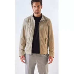 OAKWOOD Blousons^Chicago Yemen - Blouson Elegant En Cuir Veritable Col Mao A Pressions Et Ceinture Teddy