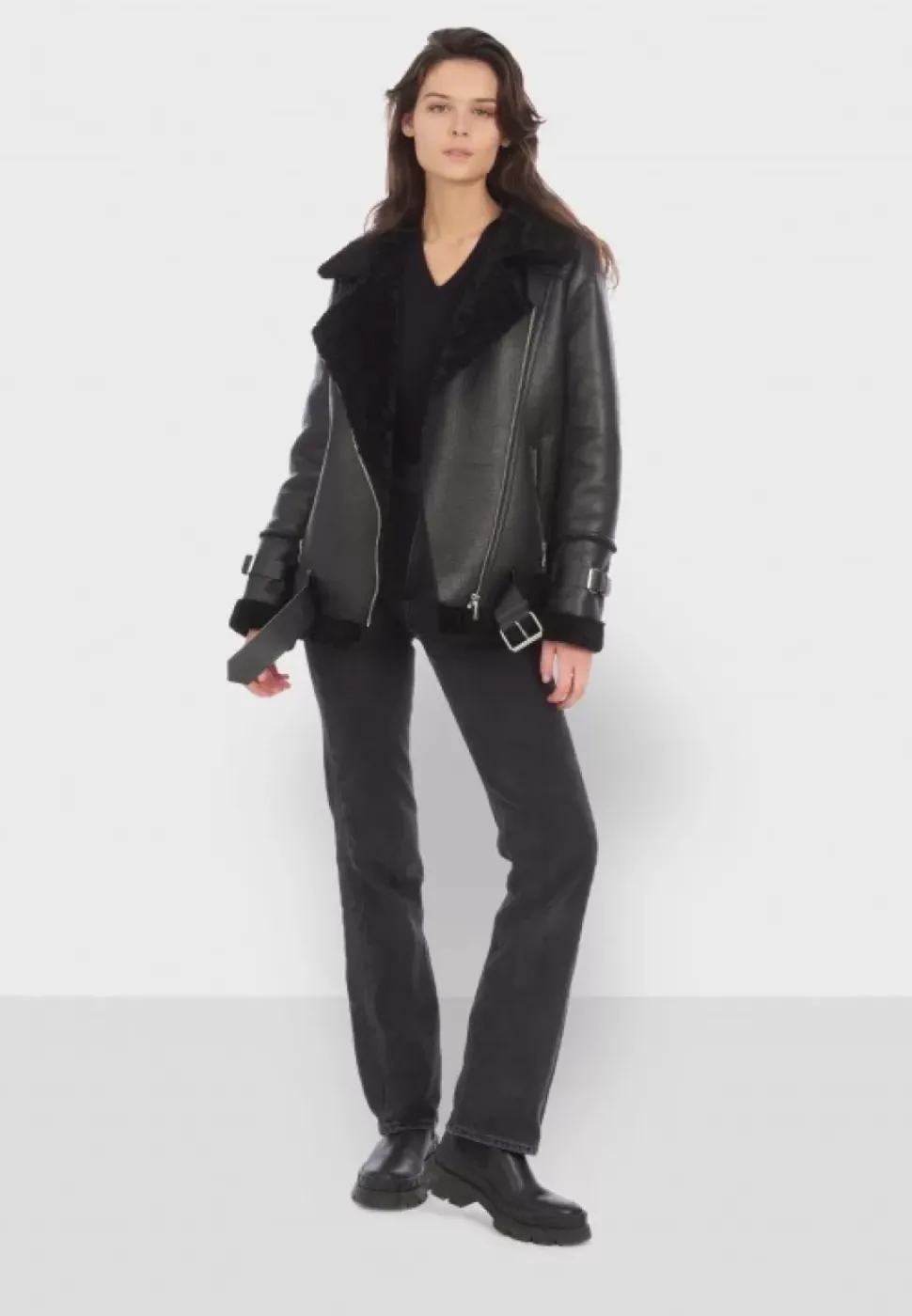 OAKWOOD Blousons^Community Noir - Blouson Bombardier Effet Peau Retournee Fourrure Synthetique