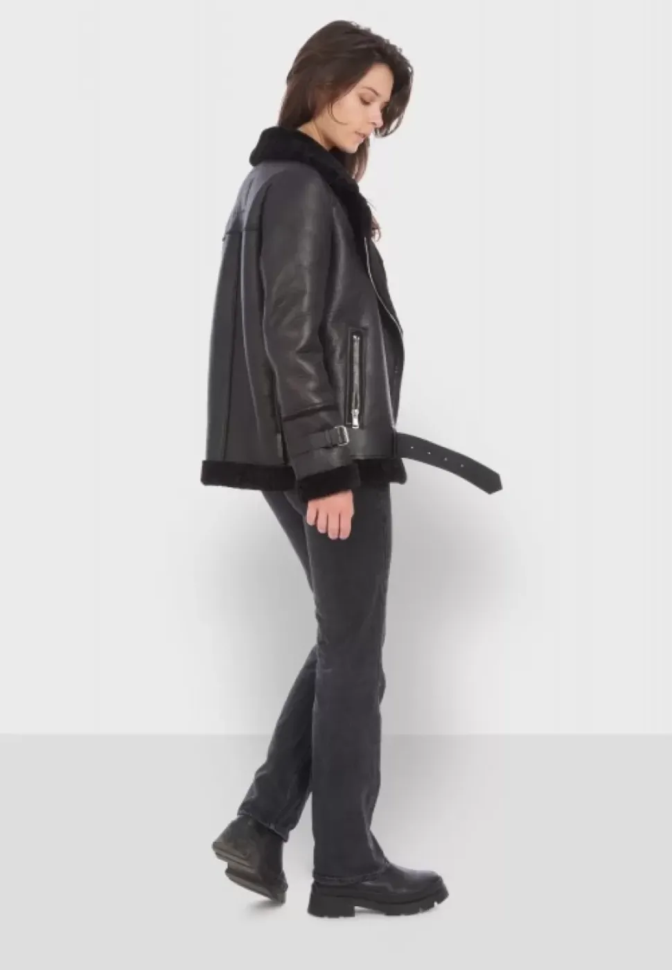 OAKWOOD Blousons^Community Noir - Blouson Bombardier Effet Peau Retournee Fourrure Synthetique