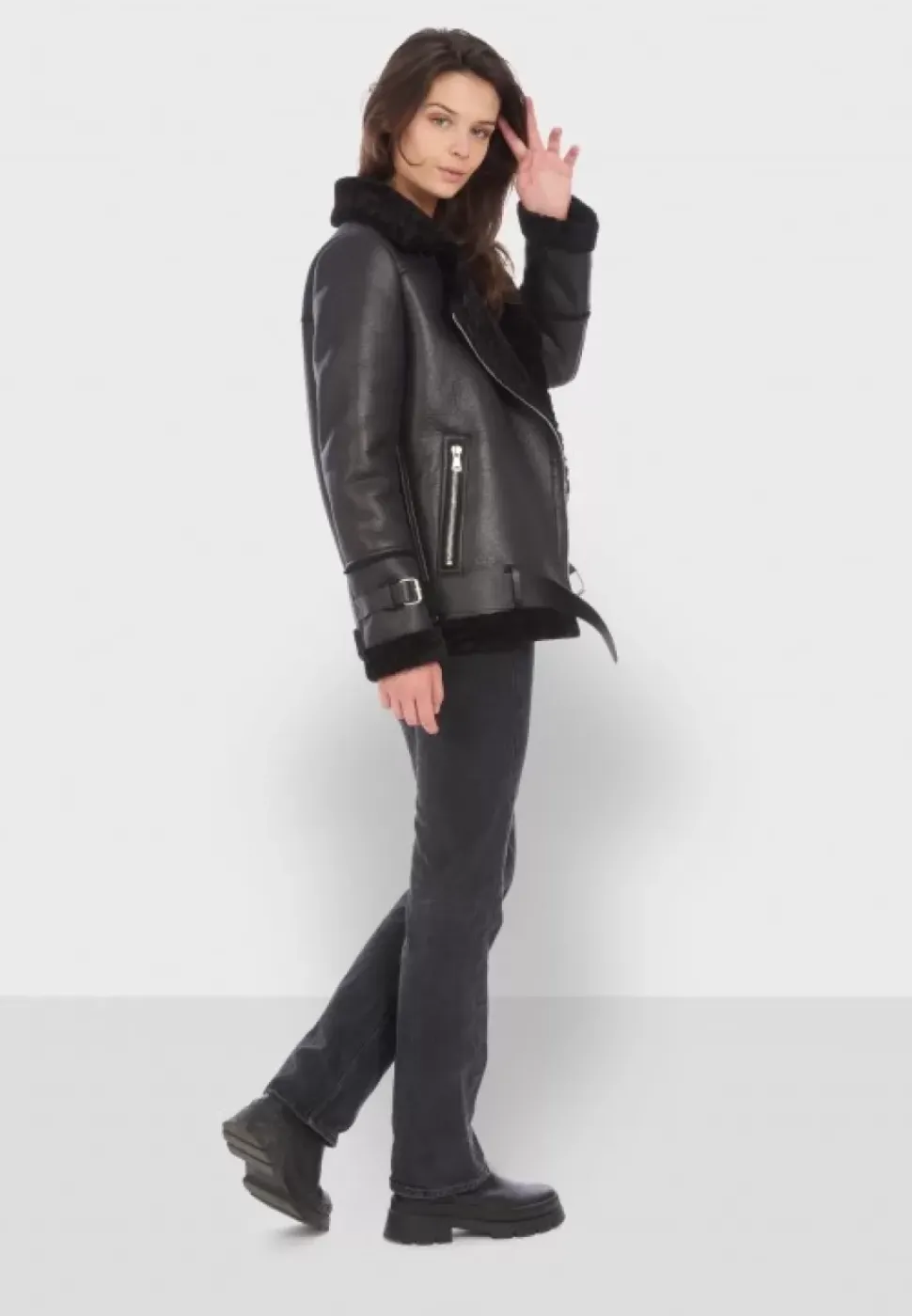 OAKWOOD Blousons^Community Noir - Blouson Bombardier Effet Peau Retournee Fourrure Synthetique