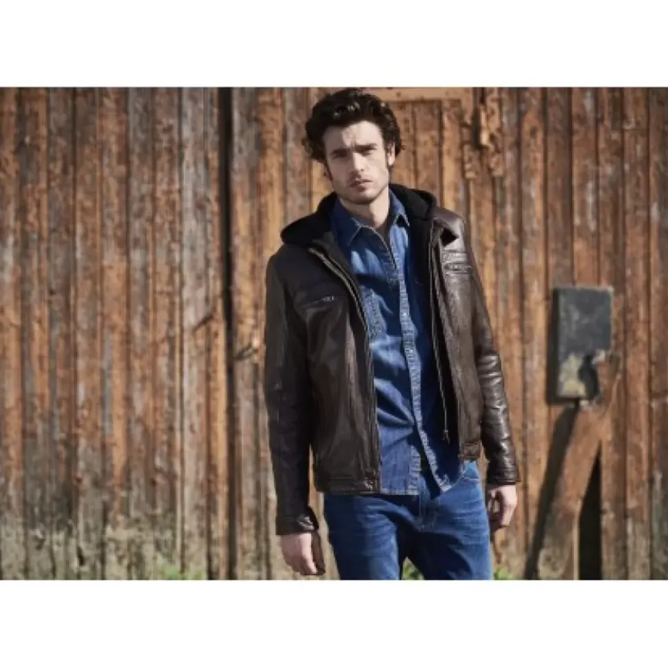 OAKWOOD Blousons^Drink Chocolat- Blouson En Cuir Veritable A Capuche Amovible
