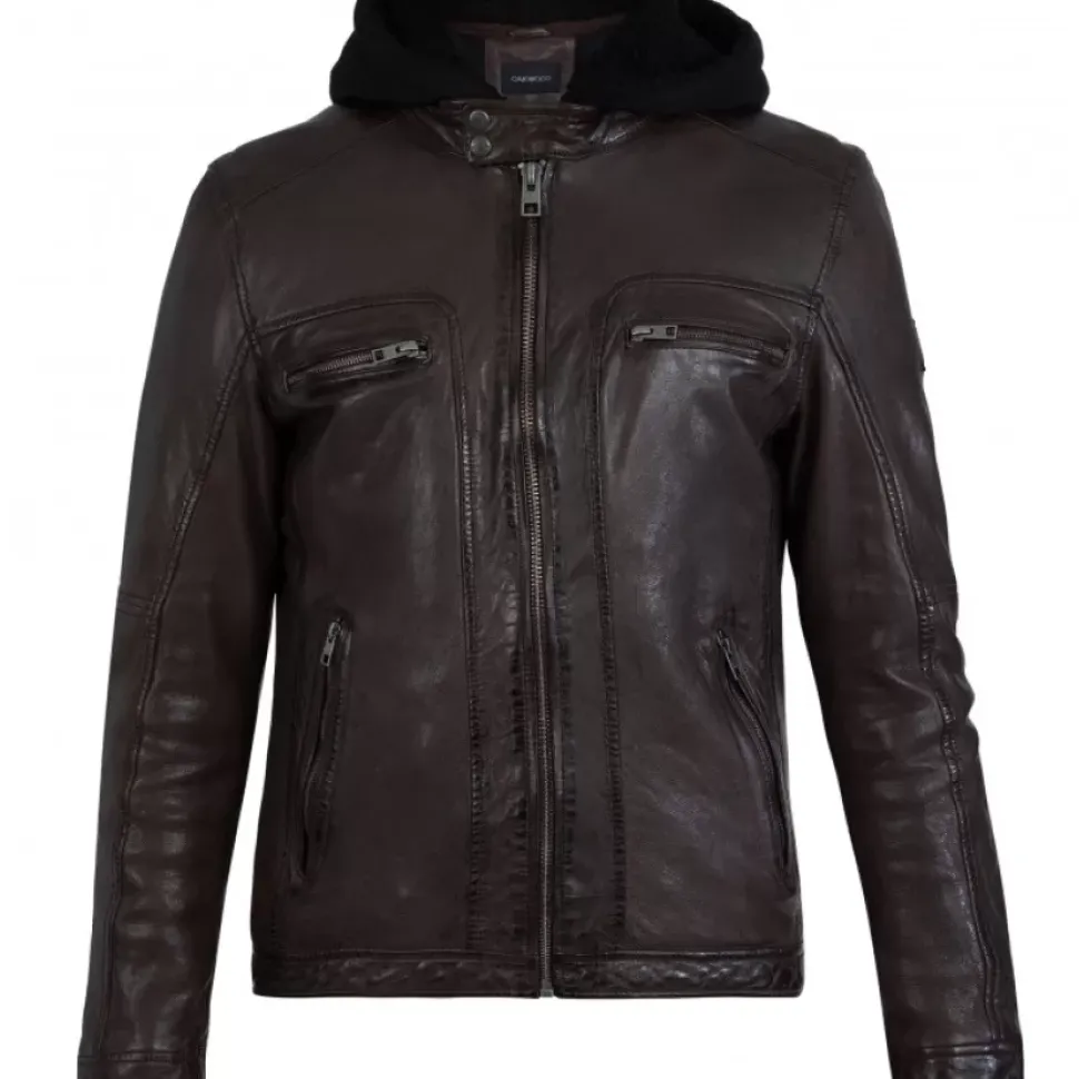 OAKWOOD Blousons^Drink Marron - Blouson En Cuir Veritable A Capuche Amovible