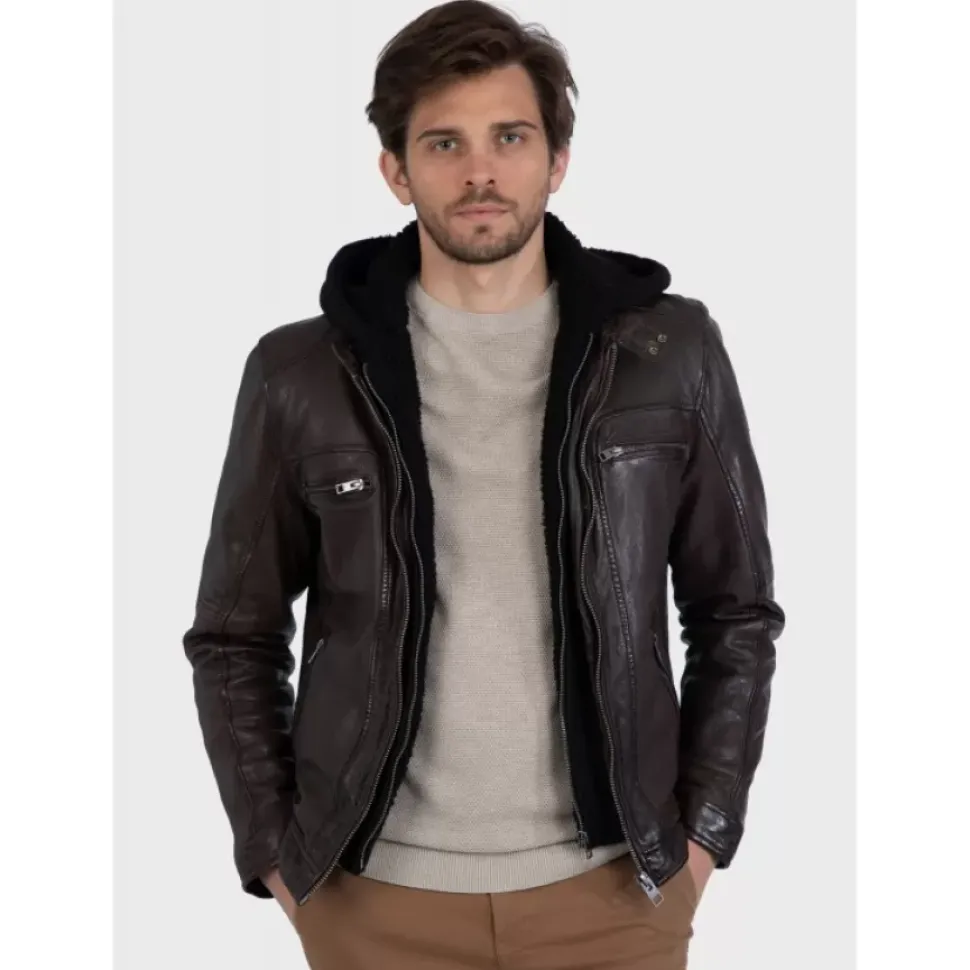 OAKWOOD Blousons^Drink Marron - Blouson En Cuir Veritable A Capuche Amovible