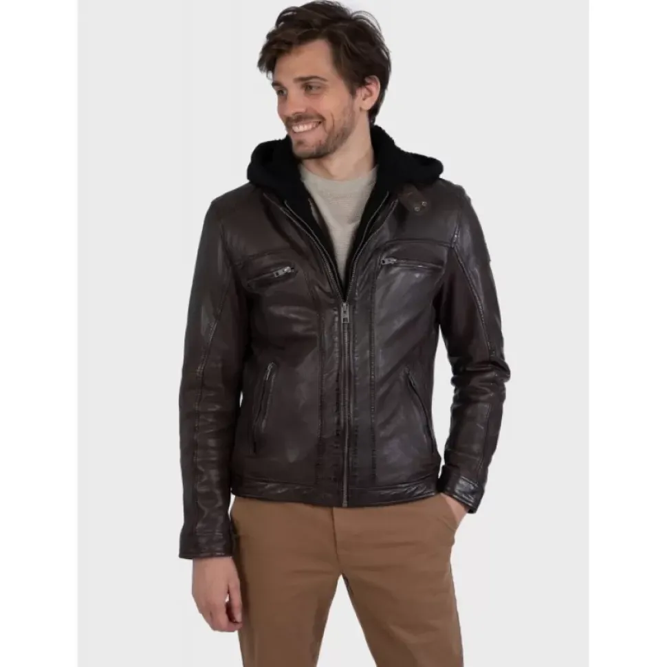 OAKWOOD Blousons^Drink Marron - Blouson En Cuir Veritable A Capuche Amovible