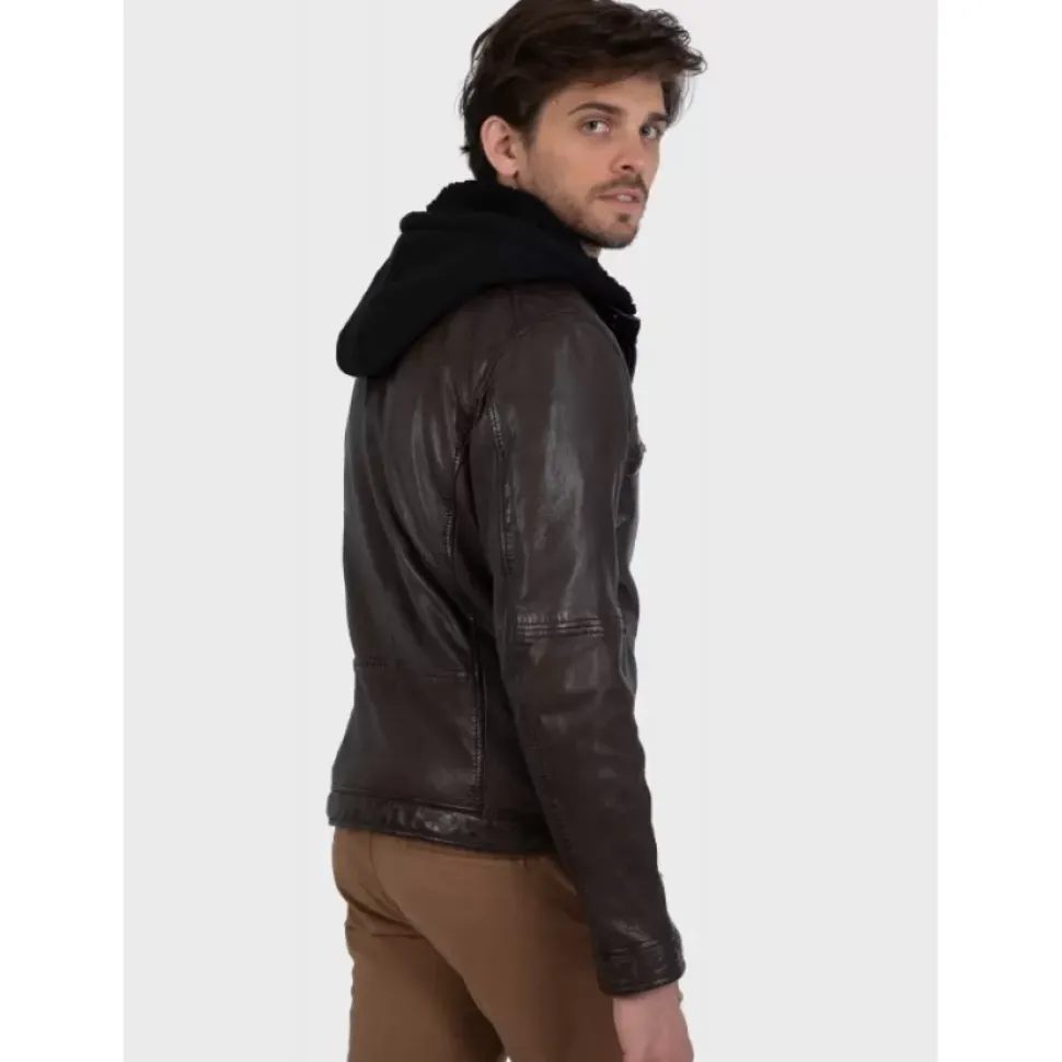 OAKWOOD Blousons^Drink Marron - Blouson En Cuir Veritable A Capuche Amovible