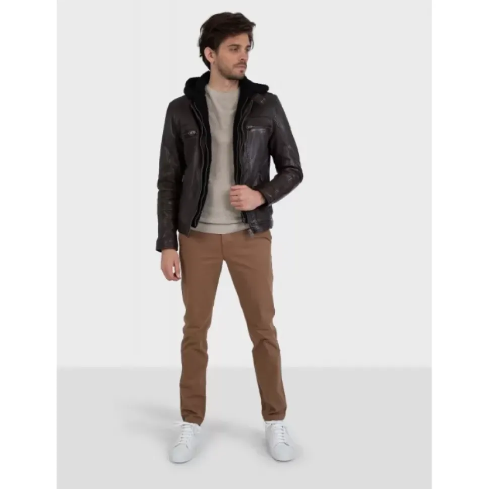 OAKWOOD Blousons^Drink Marron - Blouson En Cuir Veritable A Capuche Amovible