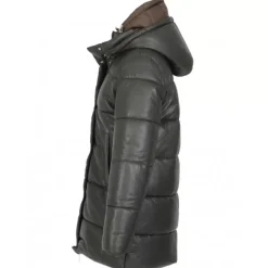 OAKWOOD Doudounes^Fancy Kaki Fonce - Doudoune Mi-Longue En Cuir Veritable Avec Capuches Amovibles
