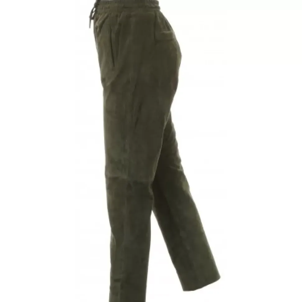 OAKWOOD Pantalons^Gift Kaki Fonce- Pantalon Jogpant Cuir Veritable Chevre Velours