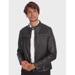OAKWOOD Blousons^Gilles 6 Noir - Blouson En Cuir Veritable Col Mao A Bouton Pression