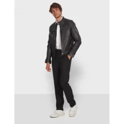 OAKWOOD Blousons^Gilles 6 Noir - Blouson En Cuir Veritable Col Mao A Bouton Pression