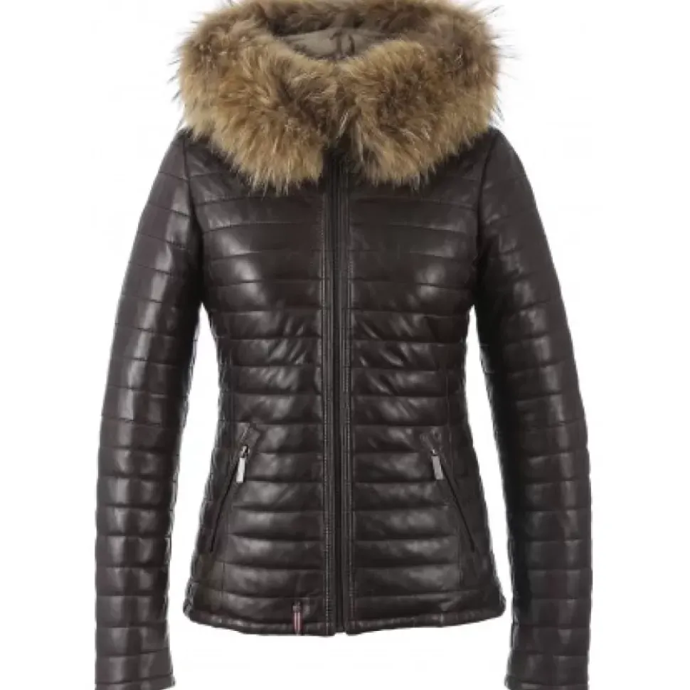 OAKWOOD Doudounes^Happy Chocolat - Doudoune En Cuir Veritable Bicolore A Capuche & Fourrure