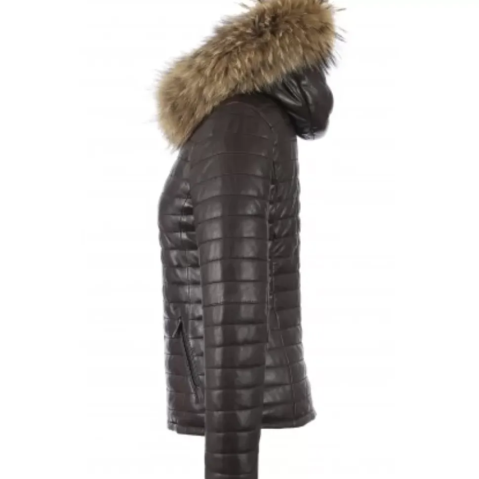 OAKWOOD Doudounes^Happy Chocolat - Doudoune En Cuir Veritable Bicolore A Capuche & Fourrure