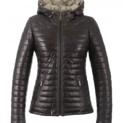 OAKWOOD Doudounes^Happy Chocolat - Doudoune En Cuir Veritable Bicolore A Capuche & Fourrure