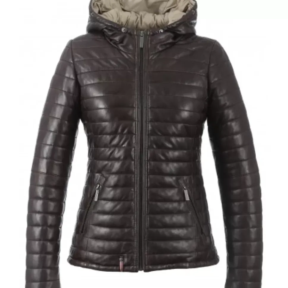 OAKWOOD Doudounes^Happy Chocolat - Doudoune En Cuir Veritable Bicolore A Capuche & Fourrure