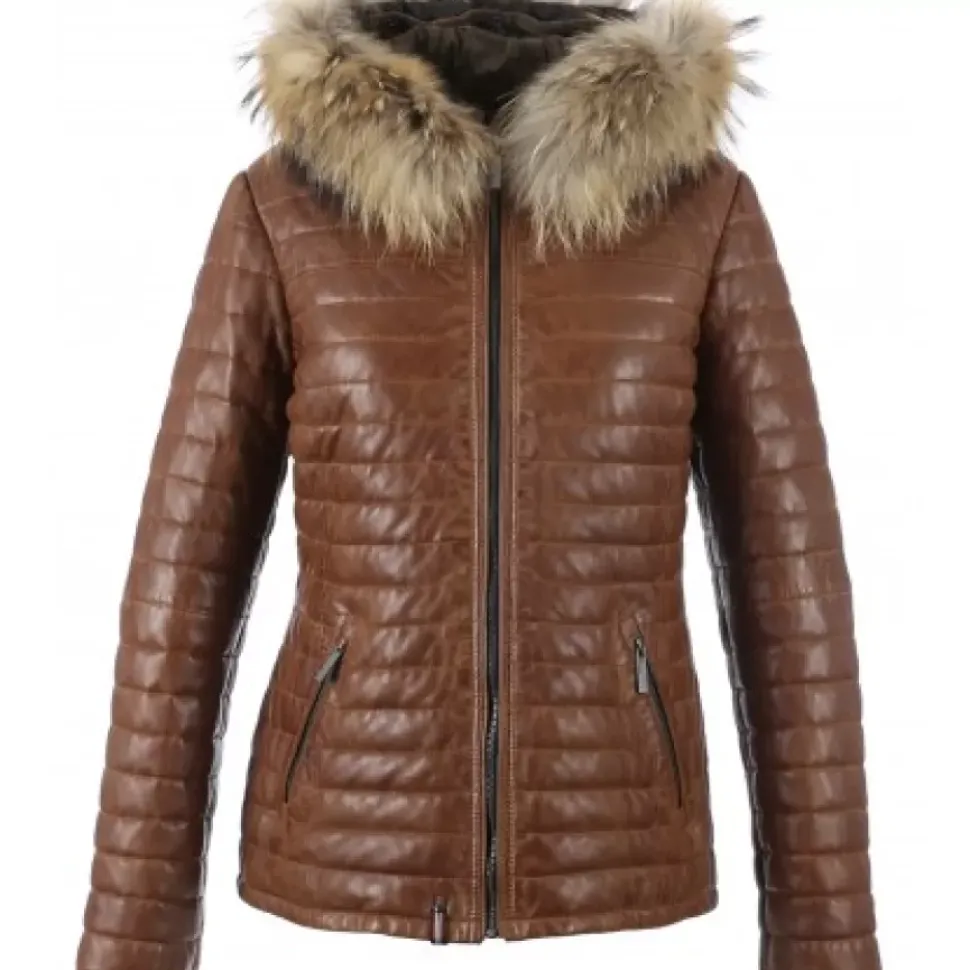 OAKWOOD Doudounes^Happy Cognac - Doudoune En Cuir Veritable Bicolore A Capuche & Fourrure