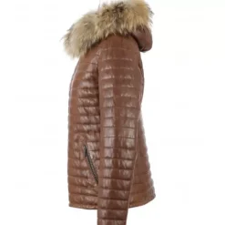 OAKWOOD Doudounes^Happy Cognac - Doudoune En Cuir Veritable Bicolore A Capuche & Fourrure