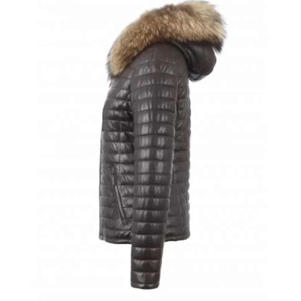 OAKWOOD Doudounes^Happy Marron - Doudoune En Cuir Veritable A Capuche & Fourrure