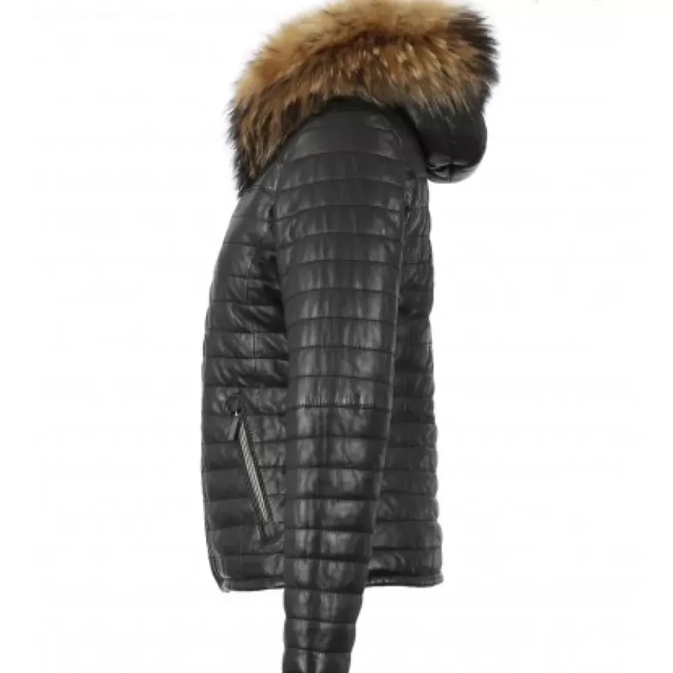 OAKWOOD Doudounes^Happy Noir - Doudoune En Cuir Veritable A Capuche & Fourrure