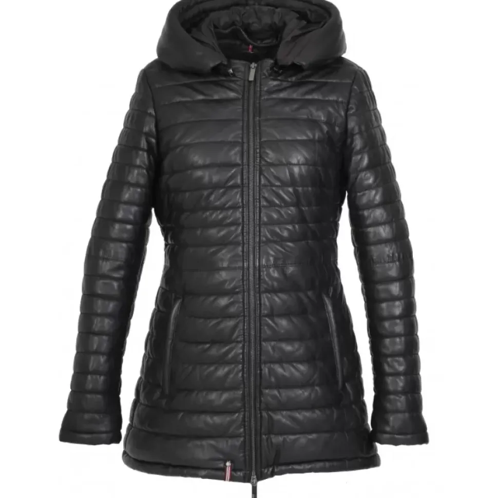 OAKWOOD Doudounes^Hopper Noir - Doudoune Mi-Longue En Cuir Veritable Capuche A Revers