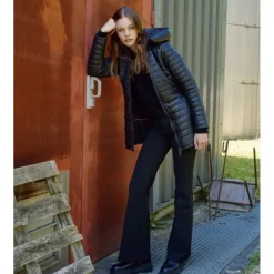 OAKWOOD Doudounes^Hopper Noir - Doudoune Mi-Longue En Cuir Veritable Capuche A Revers