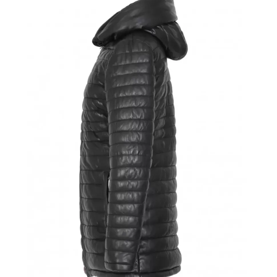 OAKWOOD Doudounes^Hopper Noir - Doudoune Mi-Longue En Cuir Veritable Capuche A Revers
