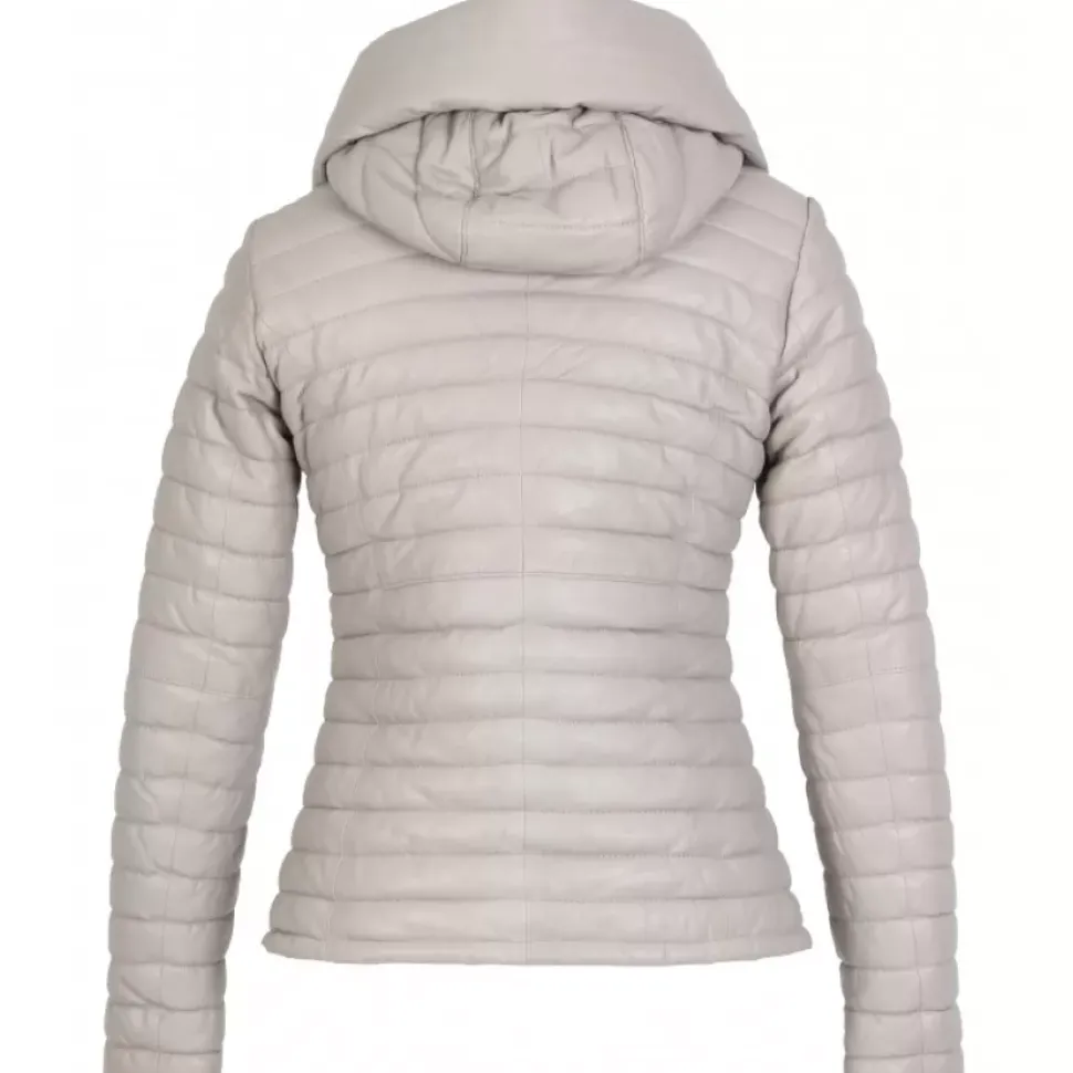 OAKWOOD Doudounes^Hyper Gris Clair - Doudoune Courte En Cuir Veritable Capuche A Revers