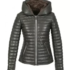 OAKWOOD Doudounes^Hyper Kaki Fonce - Doudoune Courte En Cuir Veritable Capuche A Revers