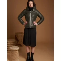 OAKWOOD Doudounes^Hyper Kaki Fonce - Doudoune Courte En Cuir Veritable Capuche A Revers