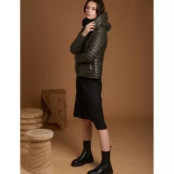 OAKWOOD Doudounes^Hyper Kaki Fonce - Doudoune Courte En Cuir Veritable Capuche A Revers