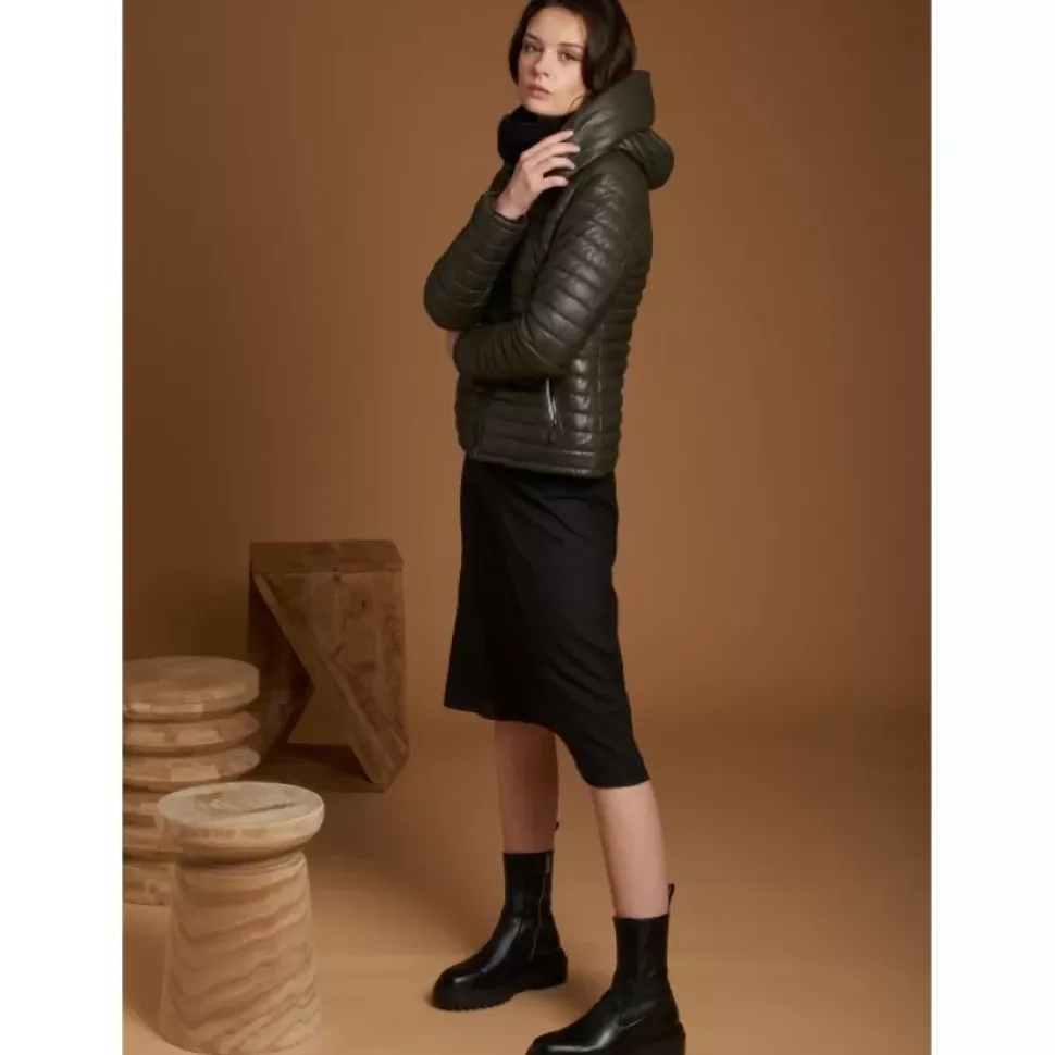OAKWOOD Doudounes^Hyper Kaki Fonce - Doudoune Courte En Cuir Veritable Capuche A Revers