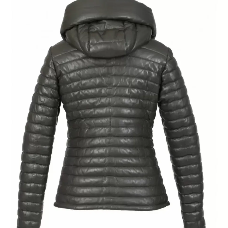 OAKWOOD Doudounes^Hyper Kaki Fonce - Doudoune Courte En Cuir Veritable Capuche A Revers