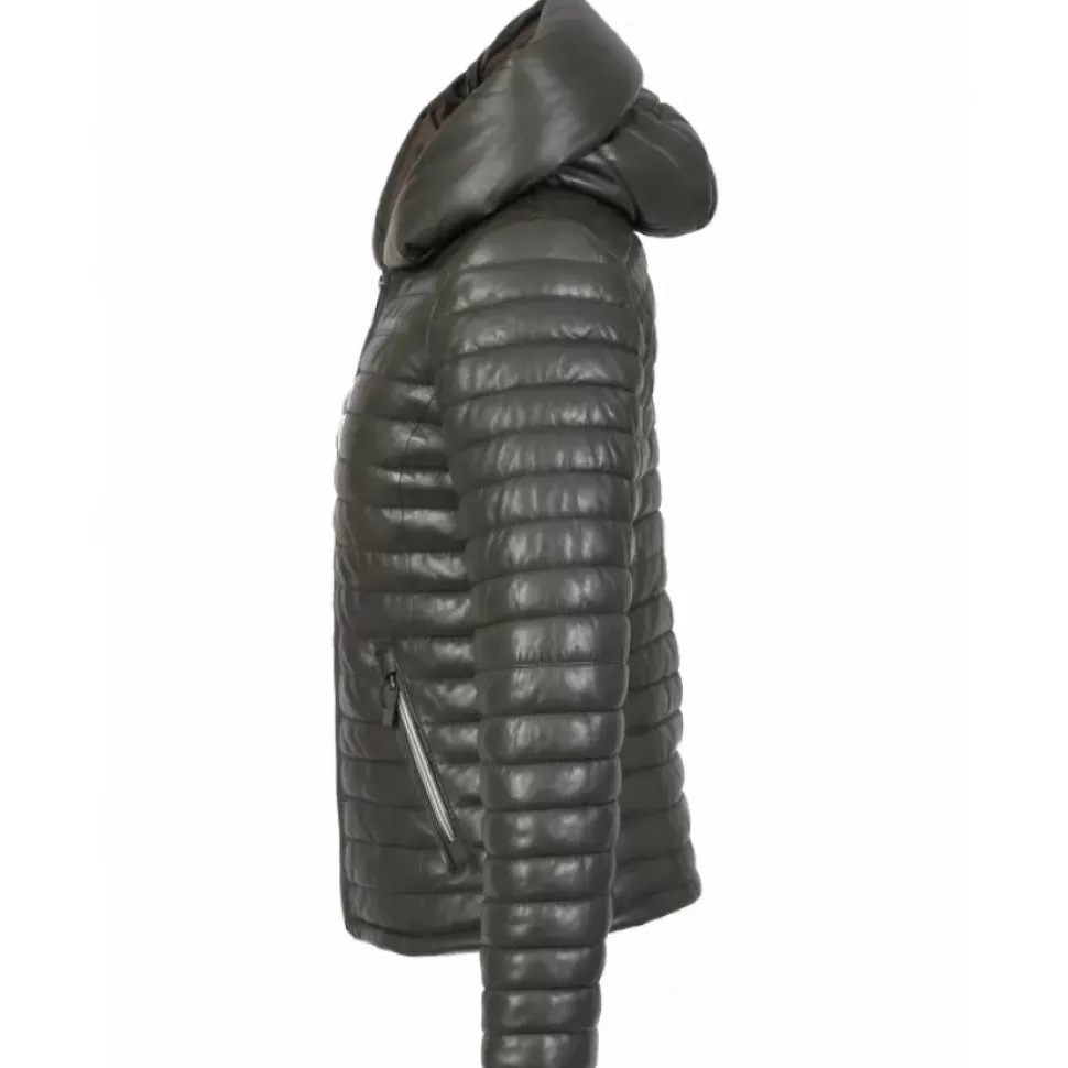 OAKWOOD Doudounes^Hyper Kaki Fonce - Doudoune Courte En Cuir Veritable Capuche A Revers