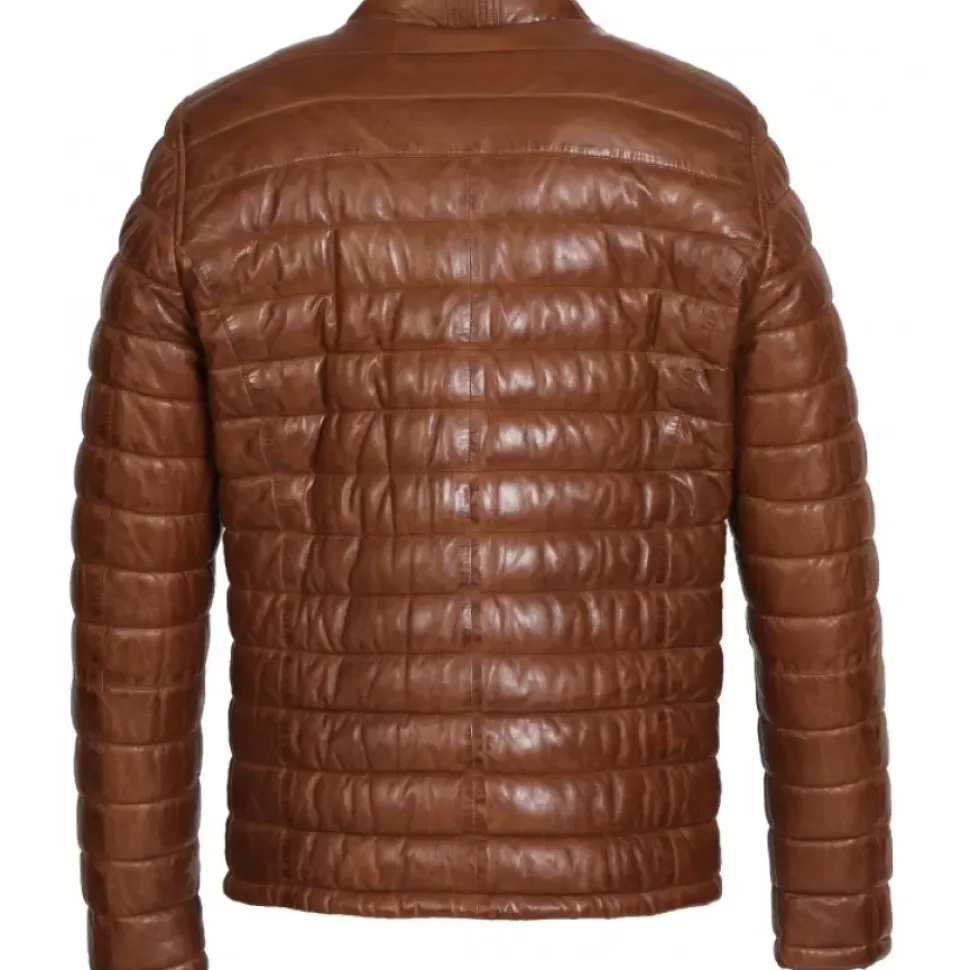 OAKWOOD Blousons^Julien Cognac - Doudoune En Cuir Veritable Col Mao A Pression