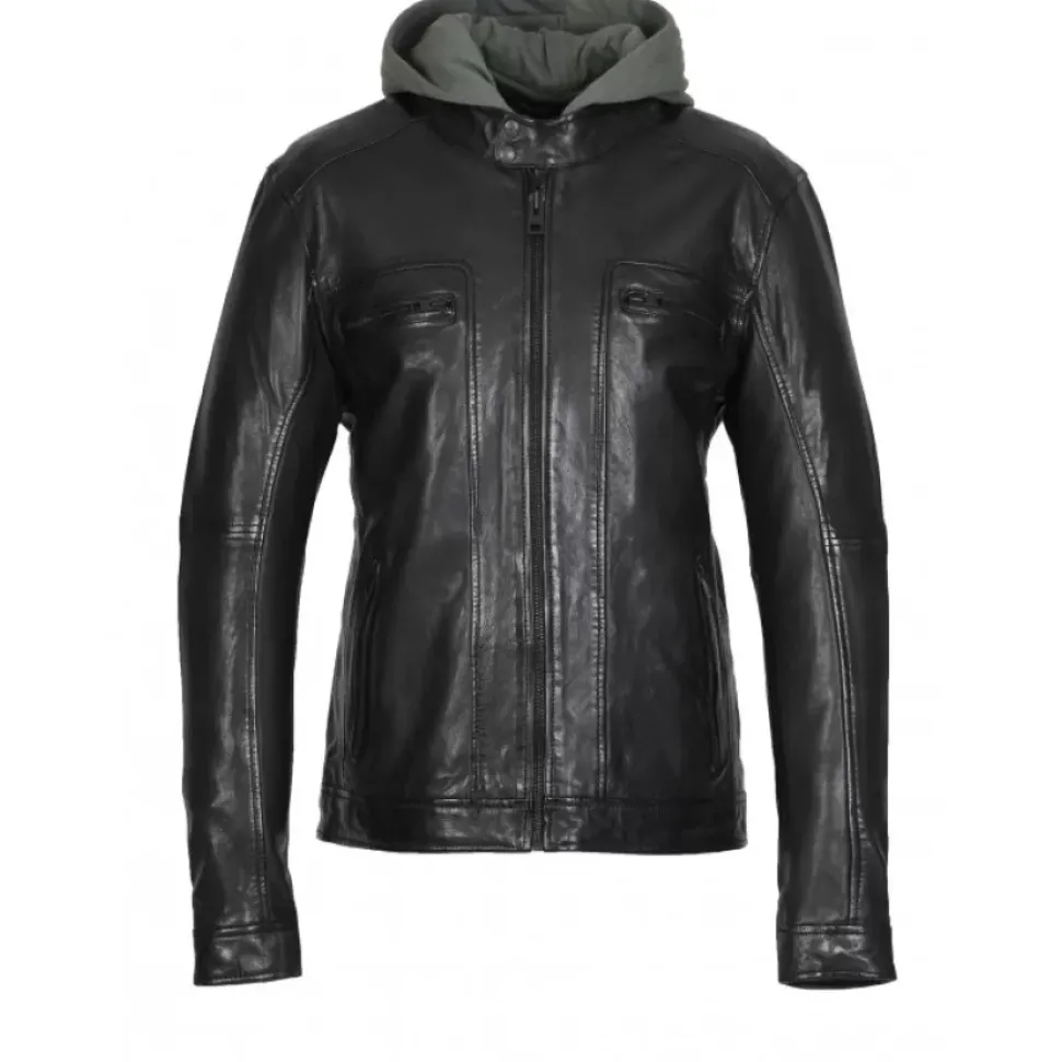 OAKWOOD Blousons^Kingsley Noir - Blouson En Cuir Veritable Effet Lave & Capuche Amovible