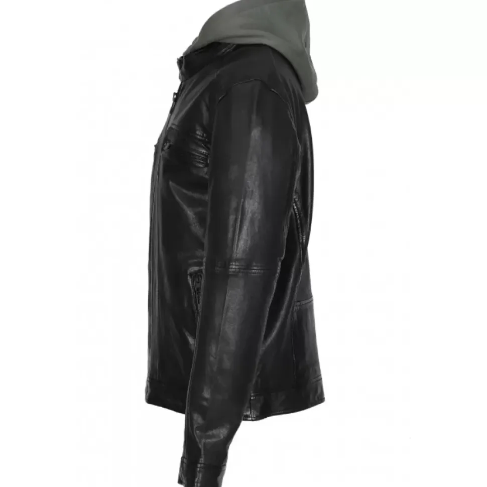 OAKWOOD Blousons^Kingsley Noir - Blouson En Cuir Veritable Effet Lave & Capuche Amovible