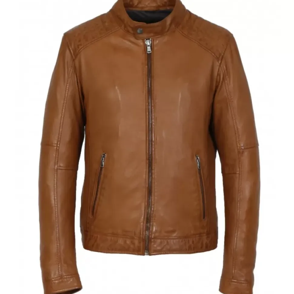 OAKWOOD Blousons^Manager Cognac - Blouson Col Mao En Cuir Veritable