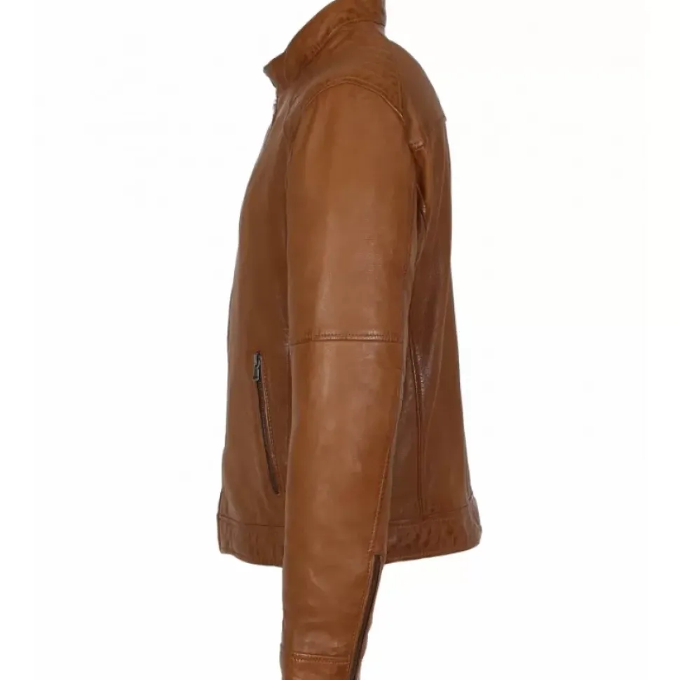 OAKWOOD Blousons^Manager Cognac - Blouson Col Mao En Cuir Veritable
