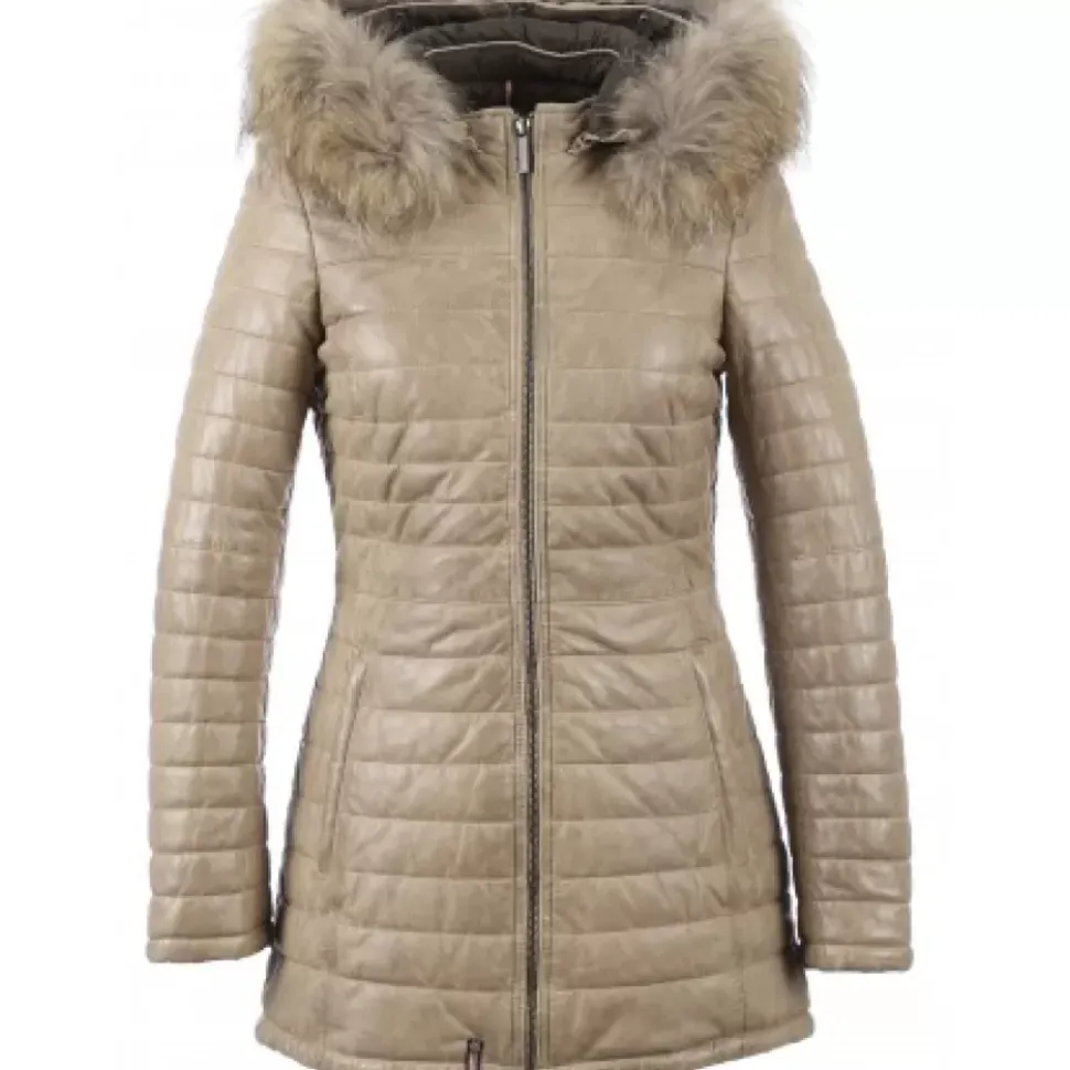 OAKWOOD Doudounes^Popping Beige Fonce - Doudoune Longue En Cuir Veritable Bicolore