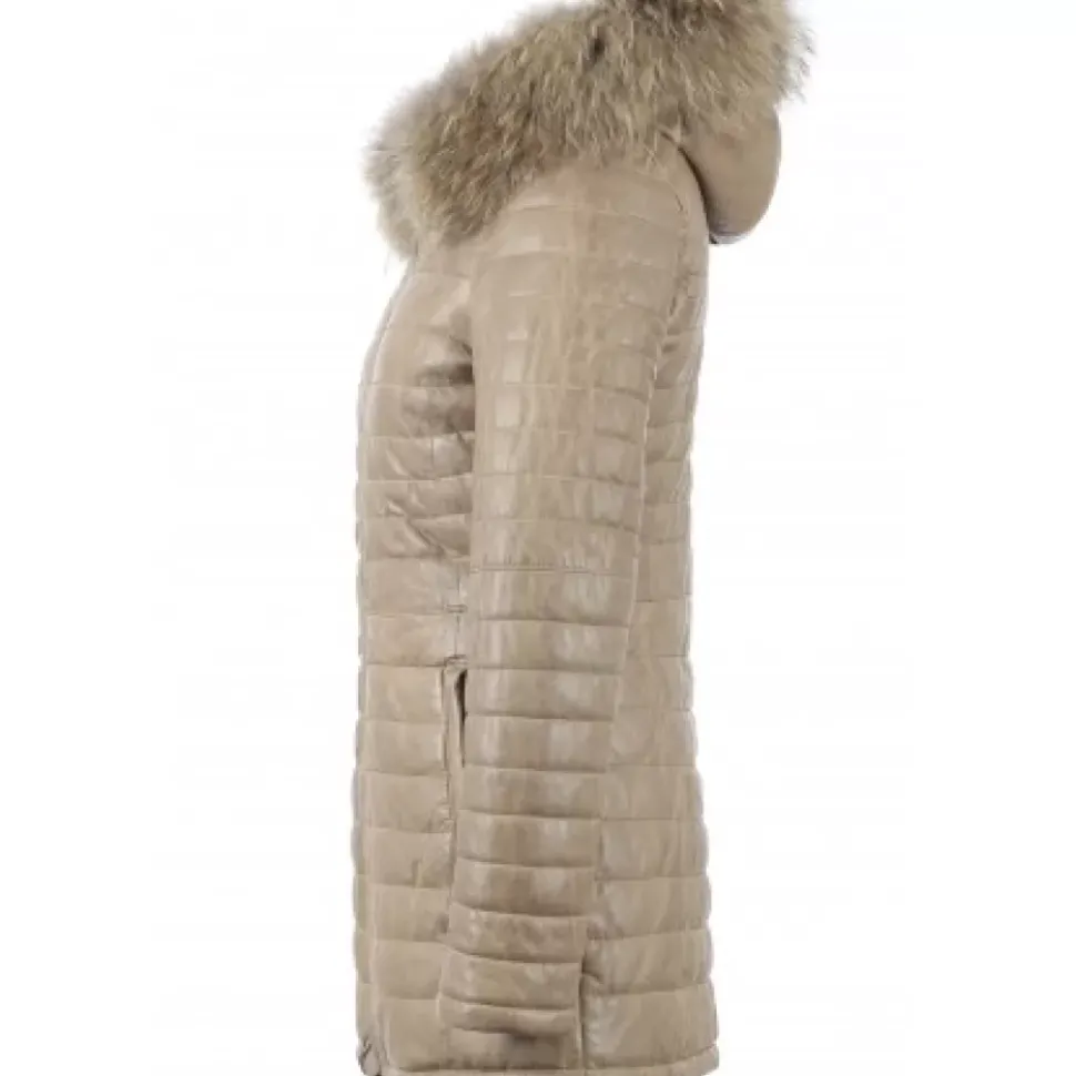 OAKWOOD Doudounes^Popping Beige Fonce - Doudoune Longue En Cuir Veritable Bicolore