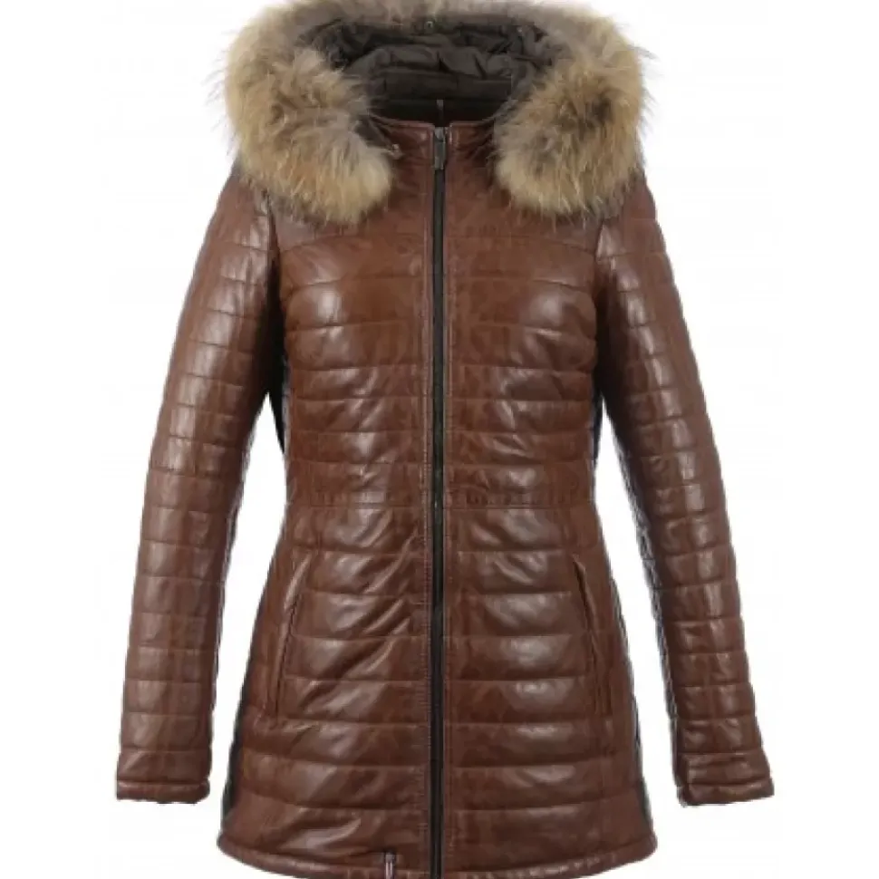 OAKWOOD Doudounes^Popping Cognac - Doudoune Longue En Cuir Veritable Bicolore
