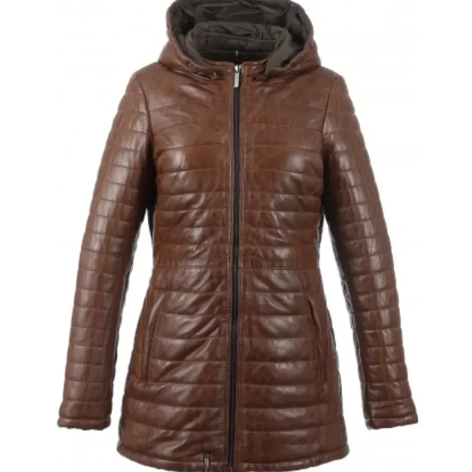 OAKWOOD Doudounes^Popping Cognac - Doudoune Longue En Cuir Veritable Bicolore