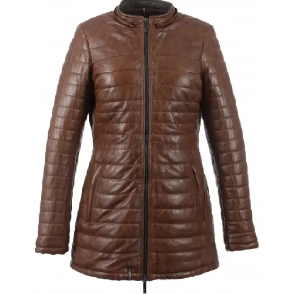 OAKWOOD Doudounes^Popping Cognac - Doudoune Longue En Cuir Veritable Bicolore
