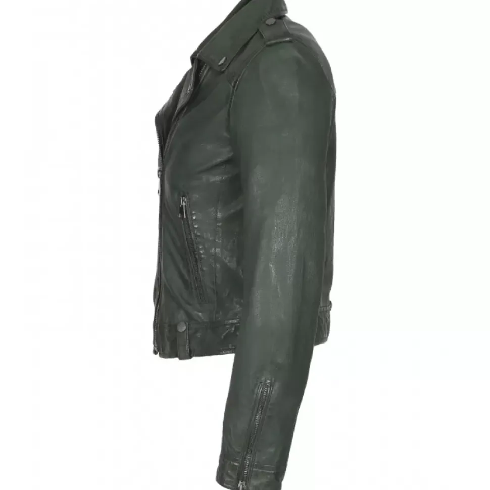OAKWOOD Blousons^Princess 6 Vert - Blouson Esprit Biker En Cuir Veritable