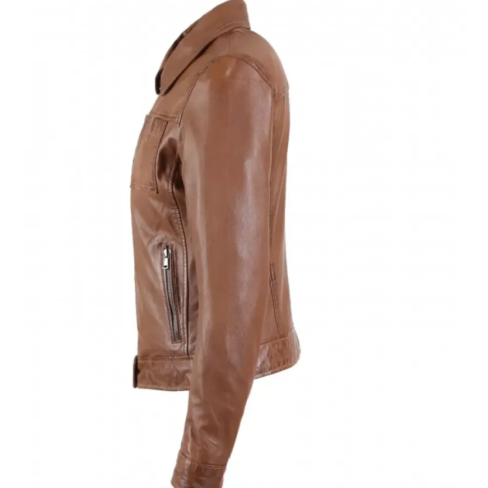 OAKWOOD Blousons^Recital 6 Cognac - Blouson Col Chemise En Cuir Veritable Effet Lave
